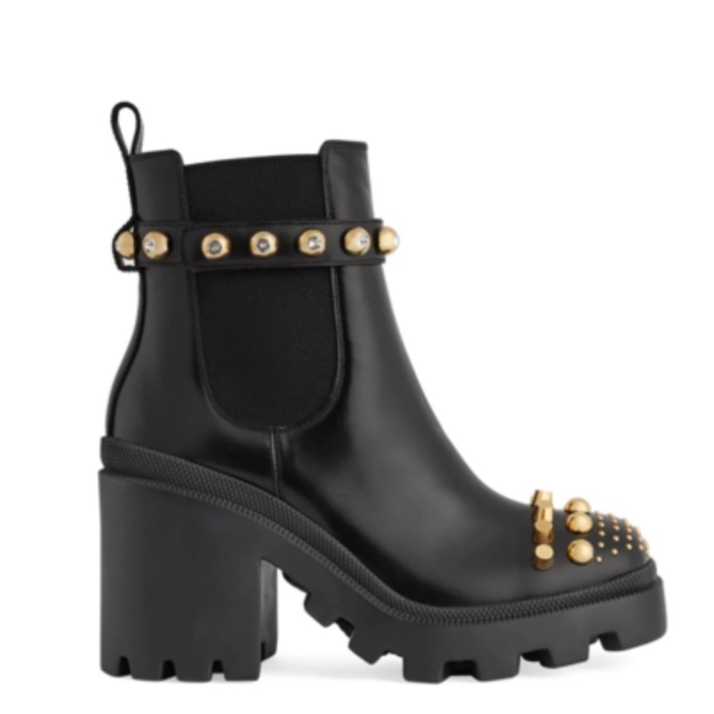 GUCCI TRIP STUDDED LEATHER PLATFORM BOOTS IN NERO BLACK & GOLD 42 10 10.5 11